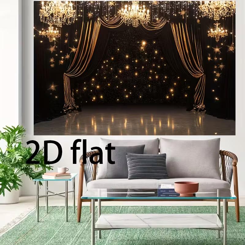 Black Gold Stage Curtain Tapestry, Chandelier Starlight Background Cloth, Party Prom Backdrop