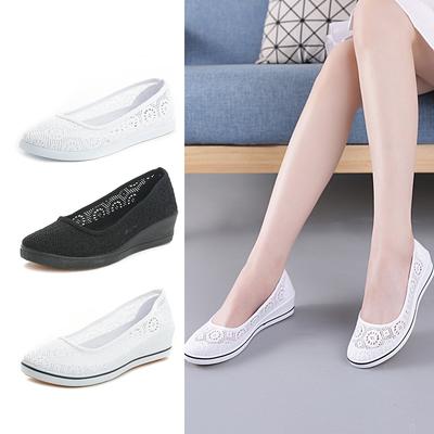 Nurse Shoes White Flat Bottom Middle Slope Heel Women Summer Beauty Shoes Hollow Out Breathable White Shoes