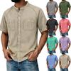 Men's Casual American Style Washed Denim Short Sleeve Vintage Henley Collar Shirt Retro Trendy Design Comfortable Fit