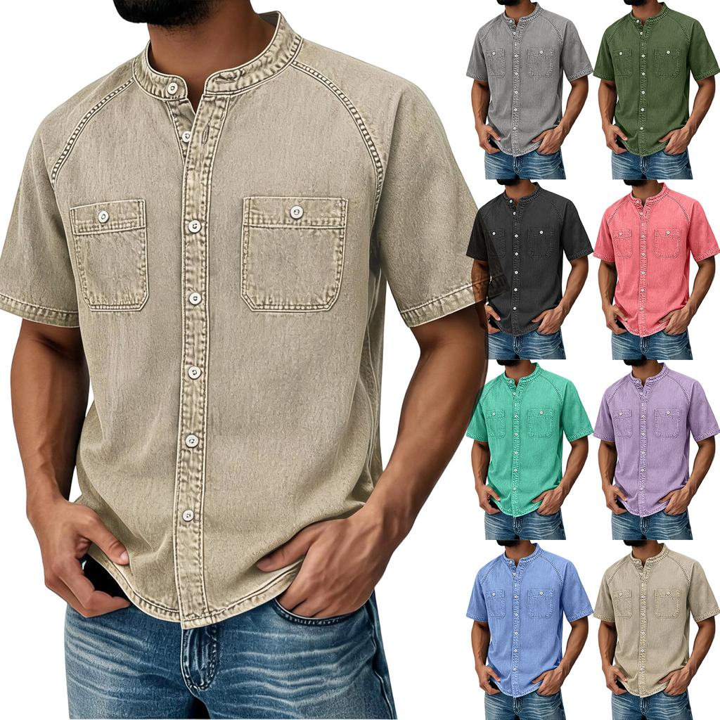 Men Casual Style Denim Short Sleeve Vintage Henley Neck Shirt with Chest Pockets and Button Front Design