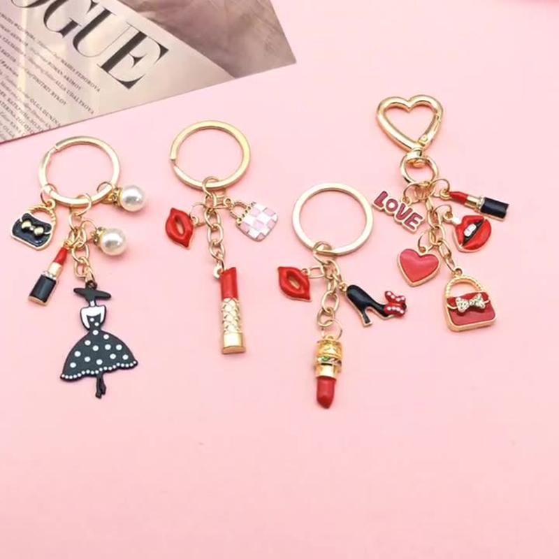 Pretty Rose Red Bag Lips Flamingos Lipstick Enamel Keychain Lovely Heart Animals Key Ring For Women Girls Handmade Jewelry Set