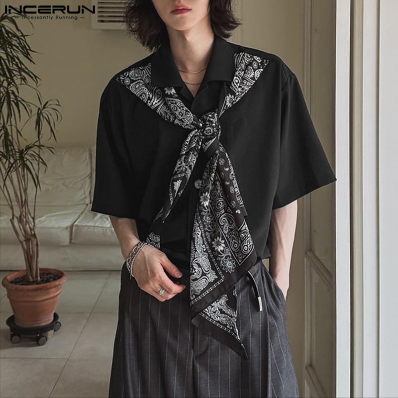 INCERUN Oversized Men Casual Lapel Scarf Neck Short Sleeve Shirts