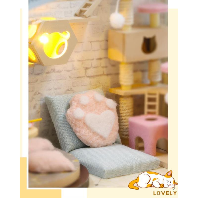 Lovely Cats Home Cat Cafe Store Dollhouse Wooden Diy Handmade Toys Hut 3D Assembled Puzzle Cat Cafe Small Garden Birthday Gifts for Children
