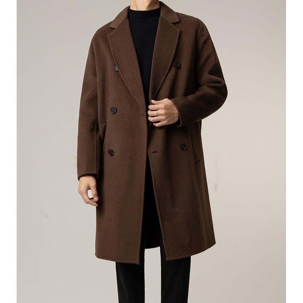 French-Inspired Men's Double-Breasted Trench Coat - Autumn/Winter, Mature Korean Trend, Drop Shoulder Woolen Style