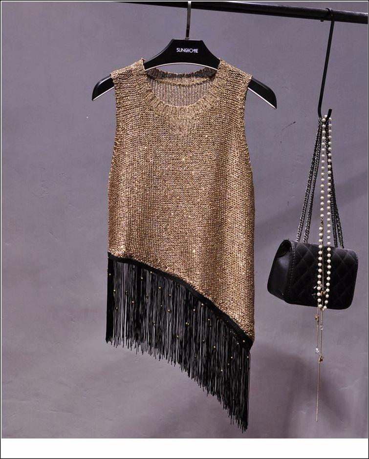 2019 Korean Style Sequin Tassel Spaghetti Strap Vest - Gold Thread Sleeveless Knitted Top for Women