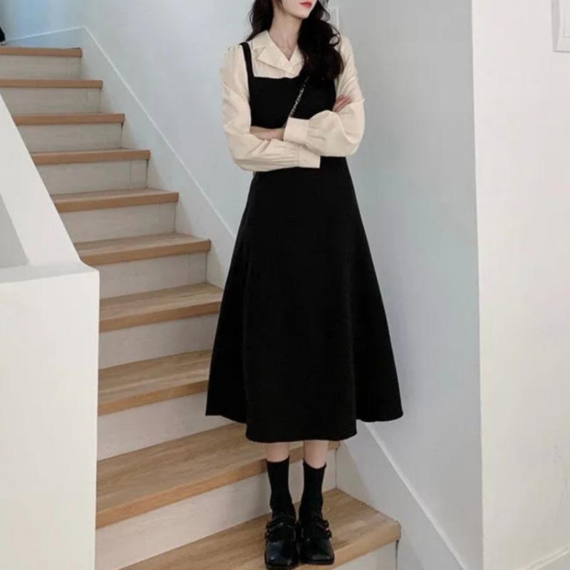 Women's Fake Two Suspenders Long Sleeve Dress Waist Slimming Hepburn Style Dress