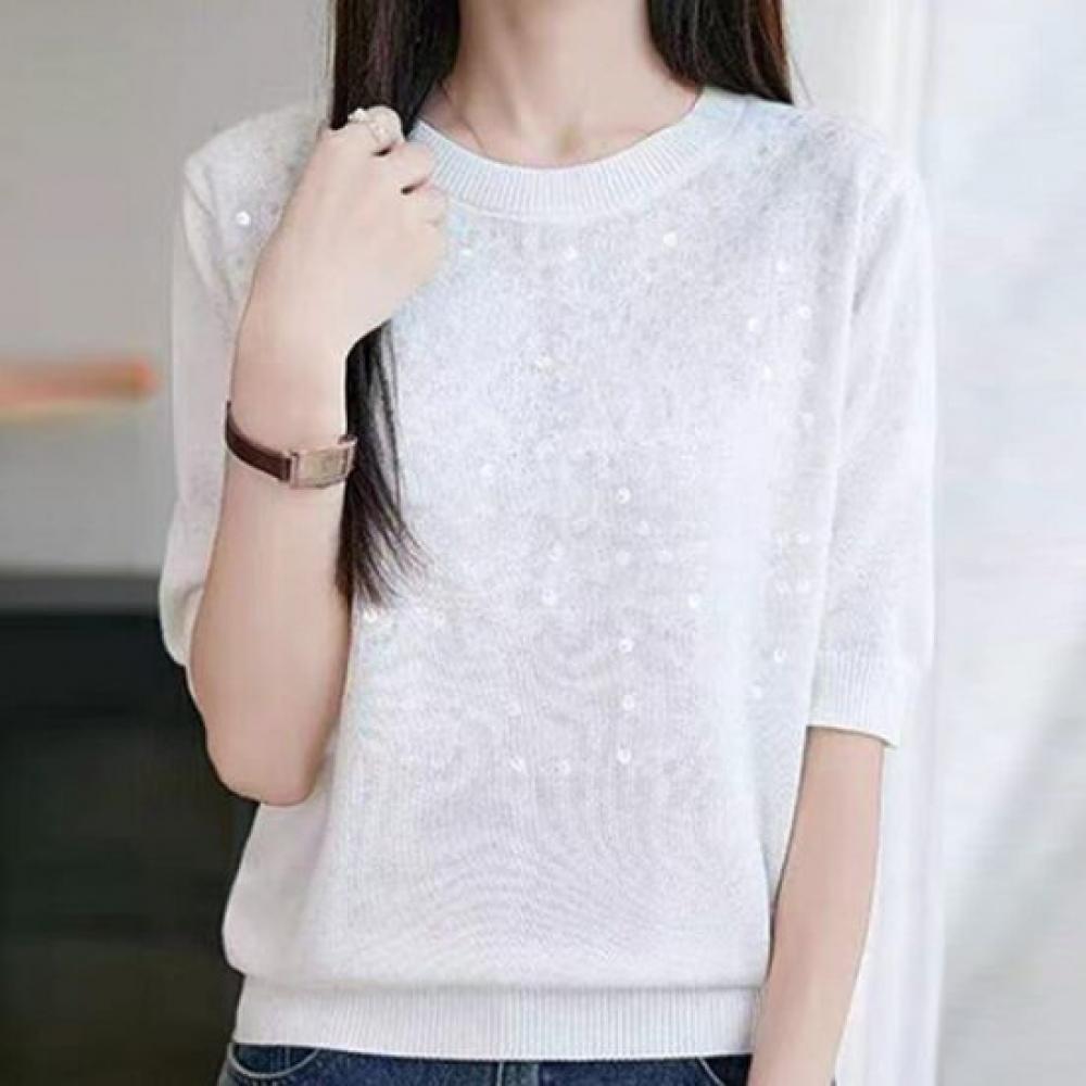 Navava Women S Simple baSic Sequin PoinT Round Neck 5 Sleeve KniT T ShirT Nk3717