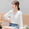 Elegant Sexy Button Lace Feather Solid T-shirt Spring Autumn Long Lantern Sleeve V-Neck Slim Pullover Tops Women's Clothing