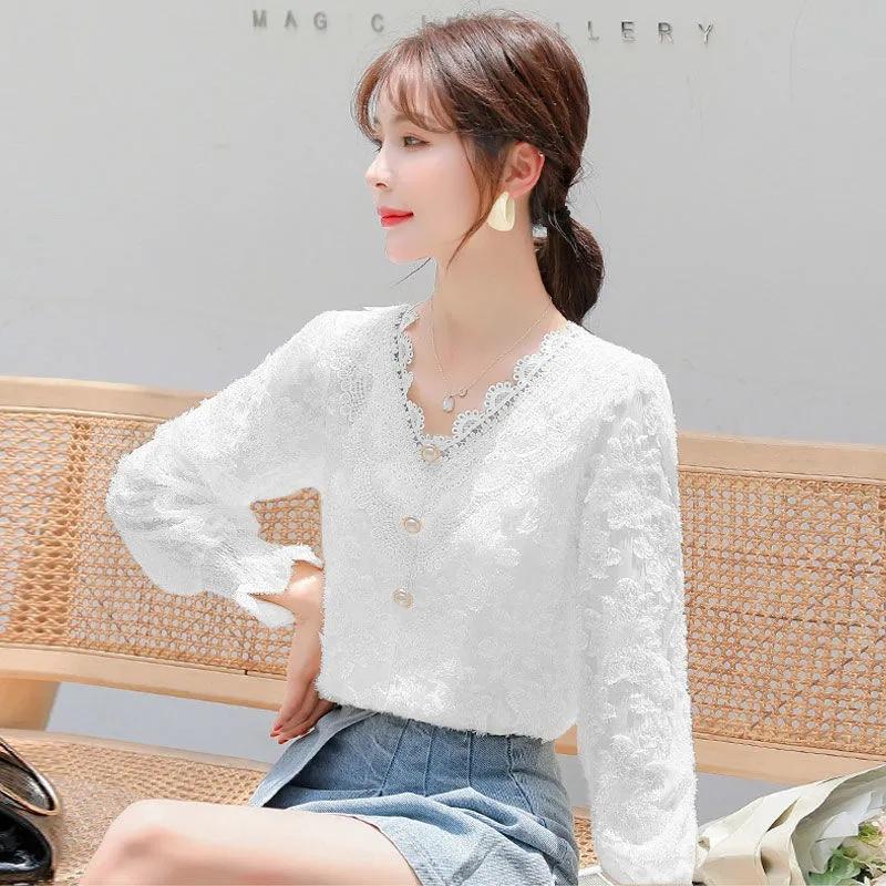 Elegant Sexy Button Lace Feather Solid T-shirt Spring Autumn Long Lantern Sleeve V-Neck Slim Pullover Tops Women's Clothing