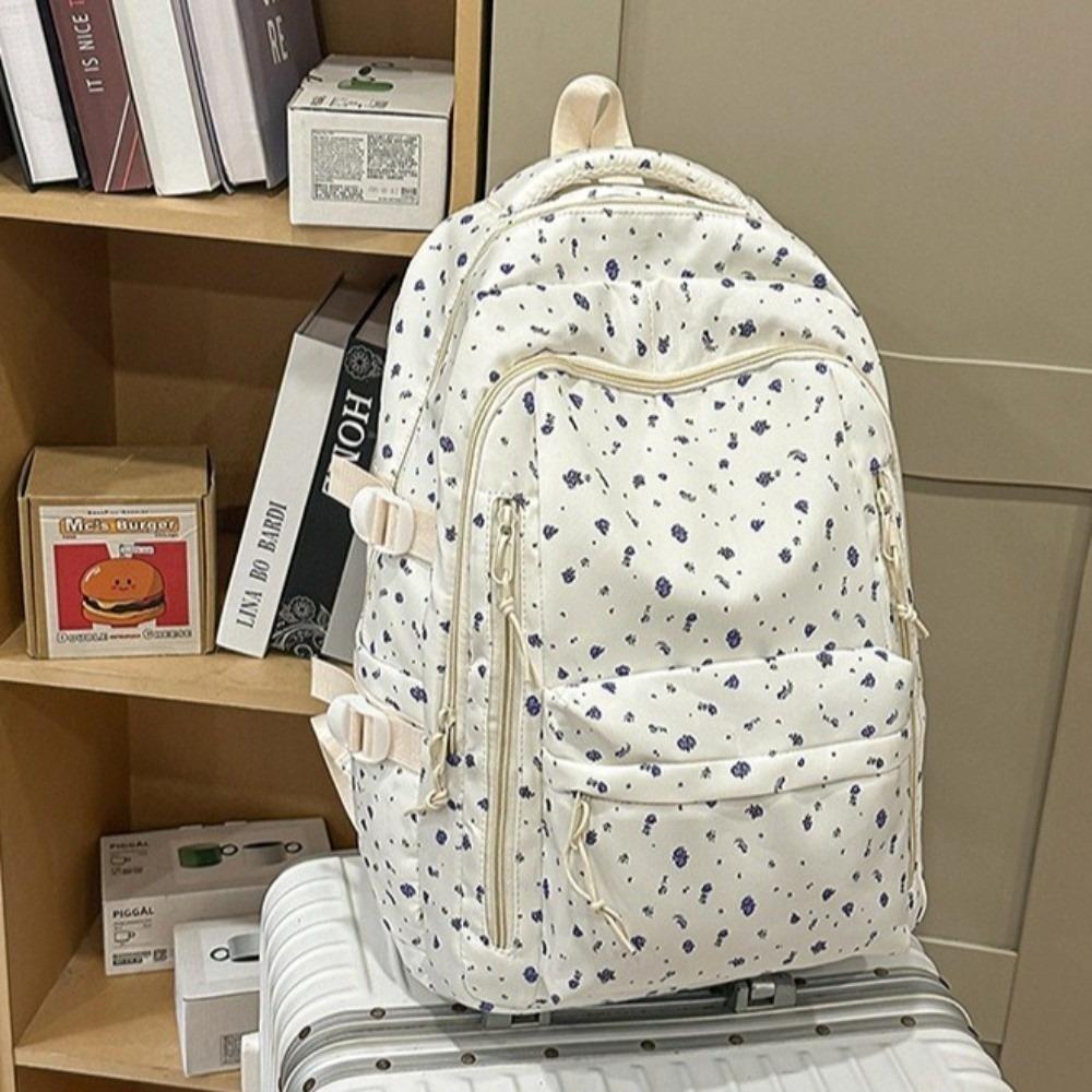 Multi-compartment Bow Pattern School Bag Multi-pocket Rucksack Floral Print Backpack Travel