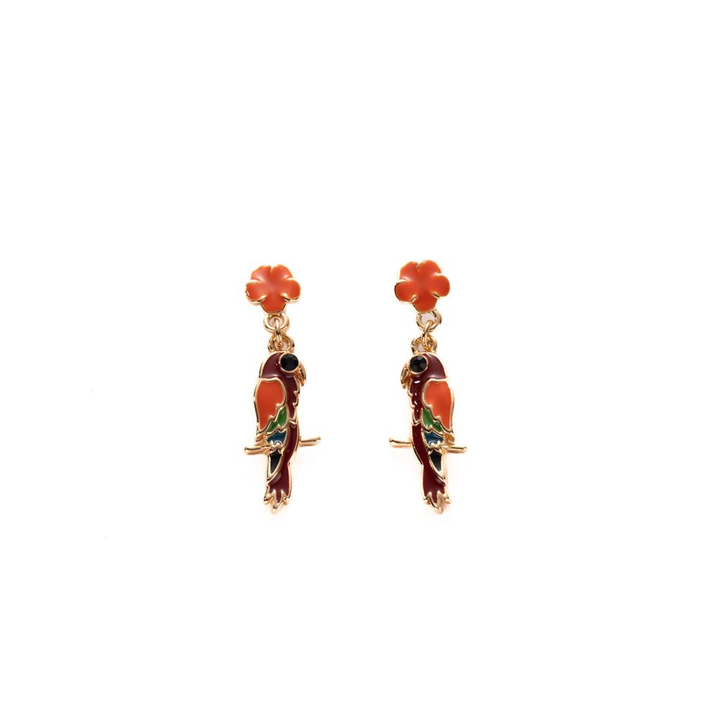 Vintage Fashion Court Bird Flower Colored Parrot Earrings Personality Trend Niche High-End Earrings