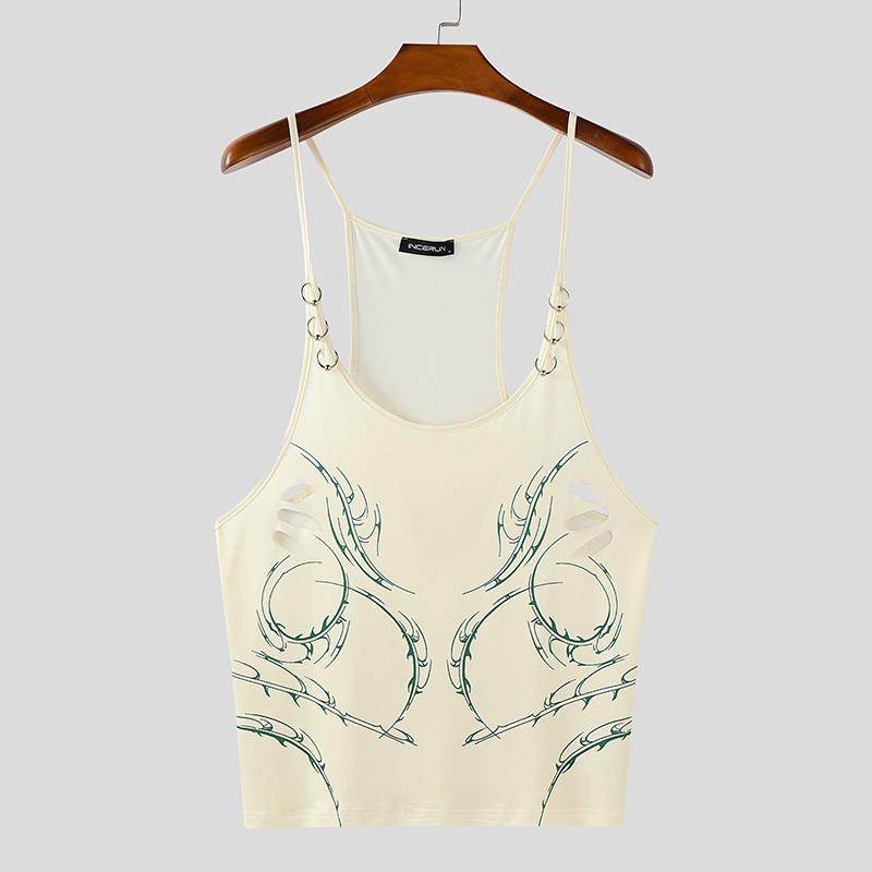 INCERUN Men Sling Sleeveless Low Cut Print Tank Tops Camisole Undershirts