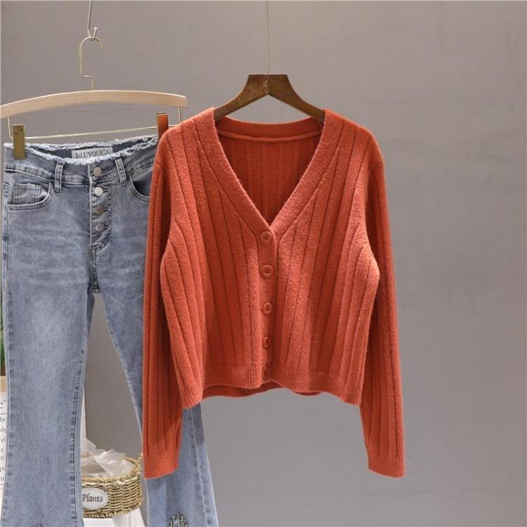 Women's V Neck Knitted Cardigan Short Jacket Loose Long Sleeve Autumn Versatile Outfit Top Sweater
