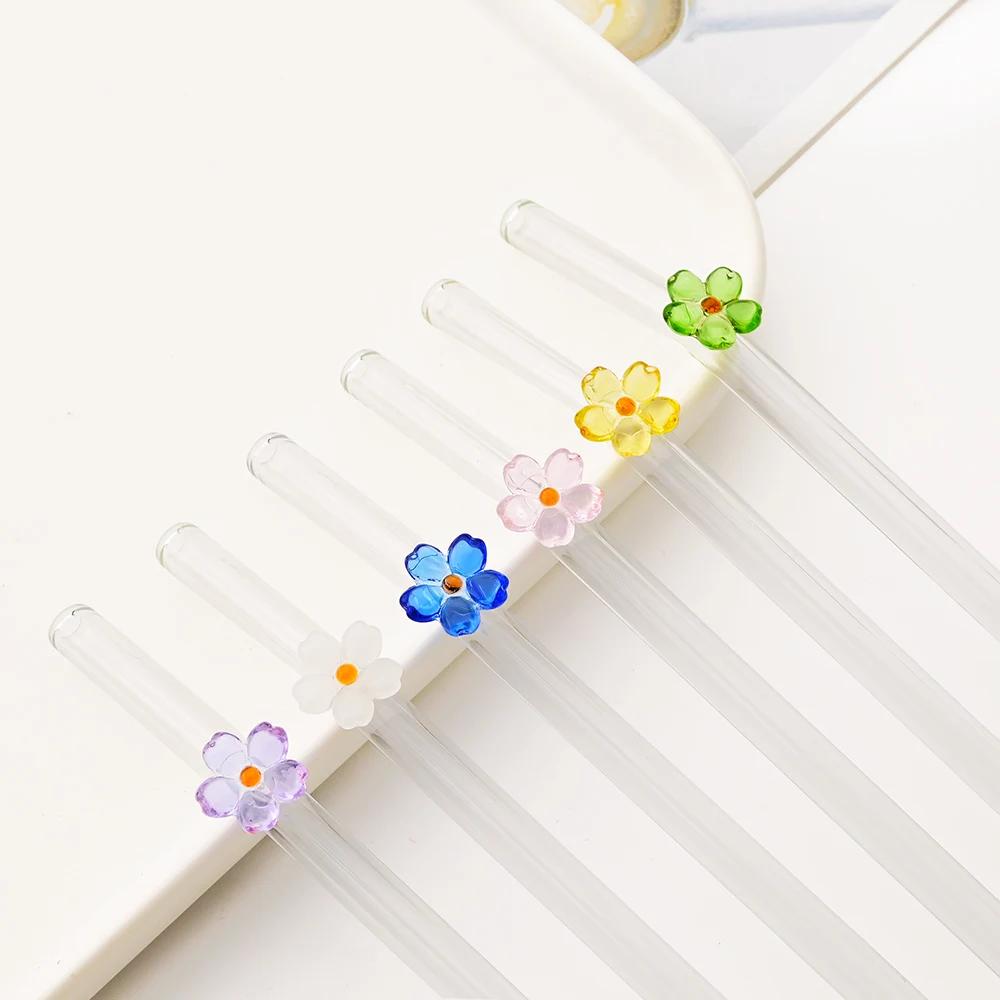 6PCS Reusable Drinking Straws Cute Flower Glass Straws with Cleaning Brush for Coffee Lover Smoothies Frozen Drinks Tea Juice