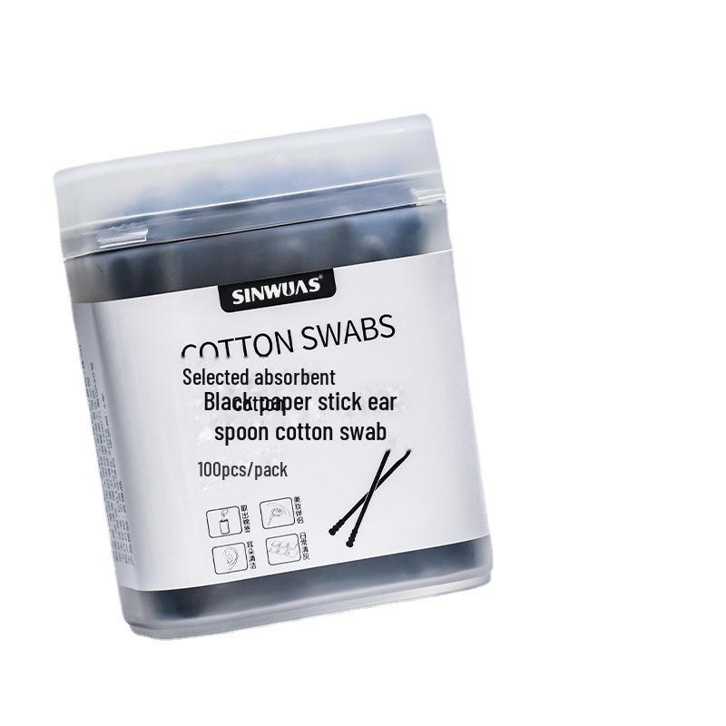 2-in-1 Black Dual-Use Degreasing Cotton Swabs & Ear Spoons - 100 Disposable Swabs for Makeup and Ear Cleaning.