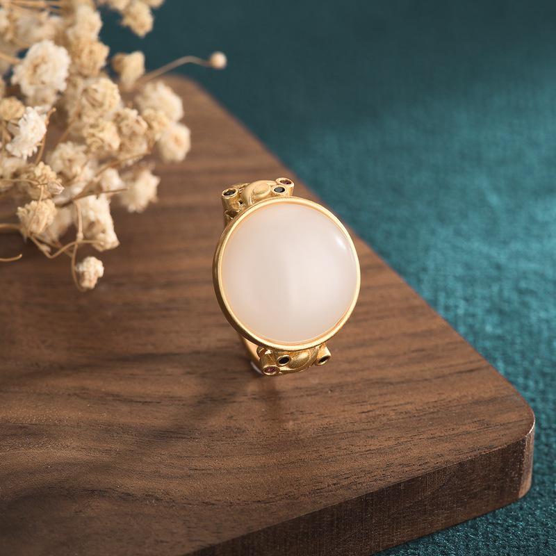 Copper-Plated Retro Court Style Ring with Imitation Mutton Fat White Jade