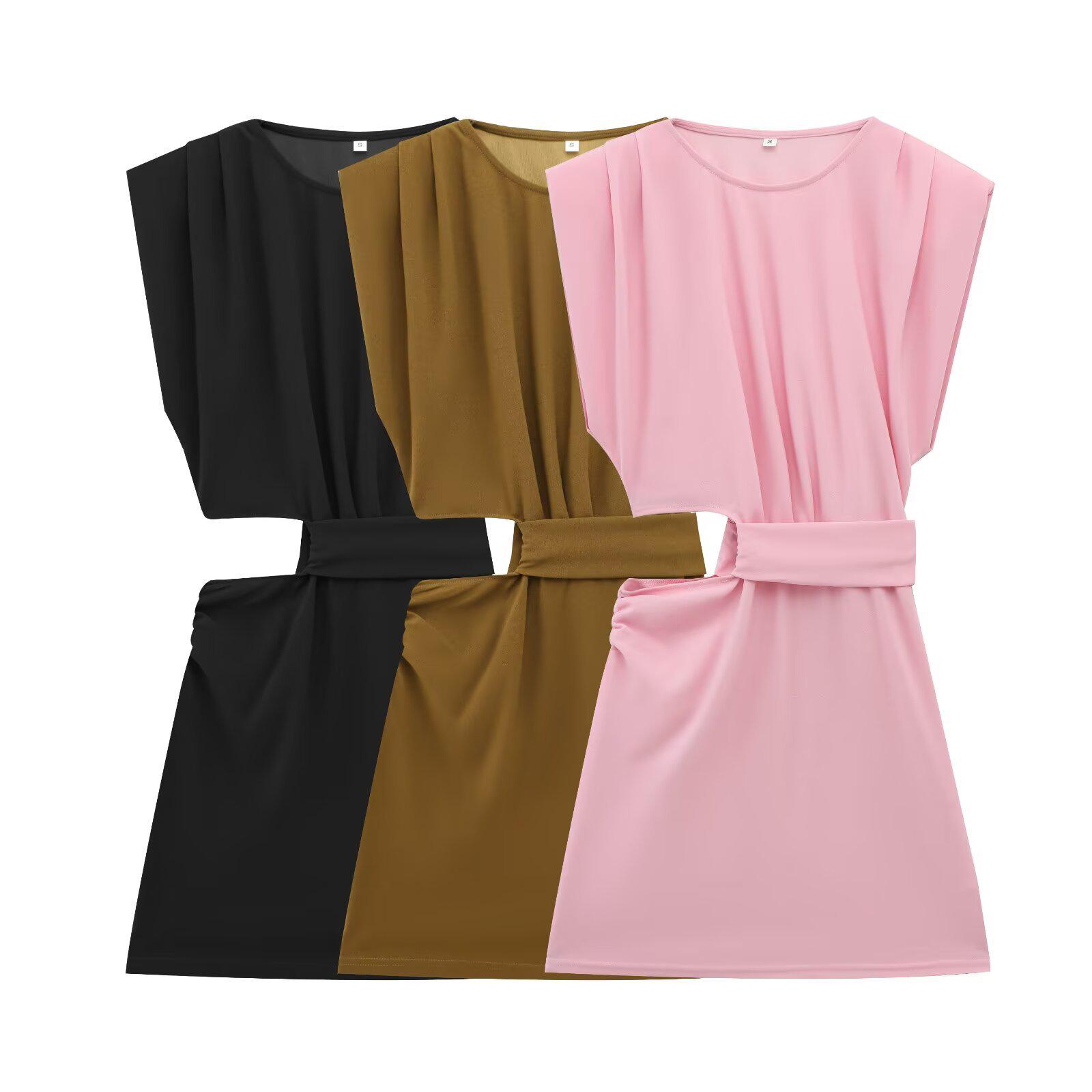 

2025 Summer Sleeveless Slim Fit Mini Dress with Round Neck and Waist Cutout for Women XS рожевий