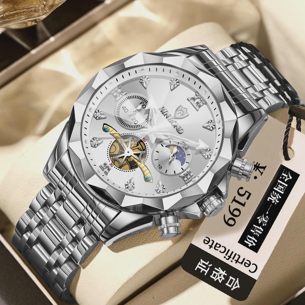 BINBOND Luxury Men Watch Top Original Waterproof Luminous Chronograph Man Wristwatch Stainless Steel Quartz Watches