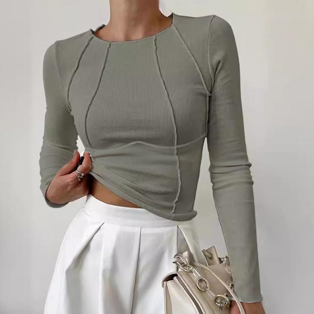 Women's Crew Neck Seam Stitch Ribbed Long Sleeve Crop Top Slim Fit Solid Thermal Dehnu Casual Pullover T-Shirt For Spring Summer Layering