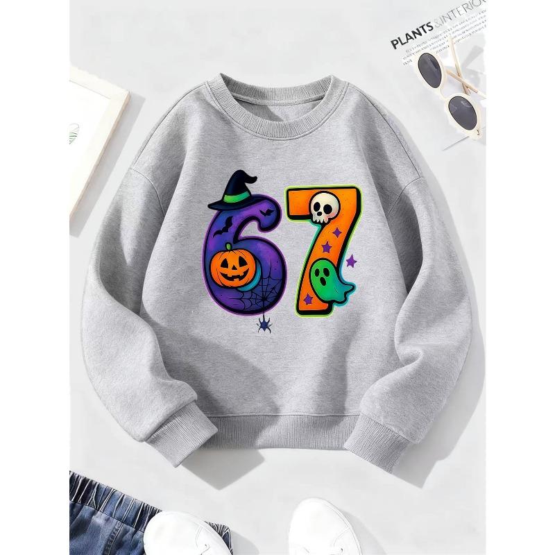 Kids Halloween Pumpkin Ghost Skull 67 Print Sweatshirt Unisex Boys Girls Witch Hat Crewneck Long Sleeve Pullover Black Casual Children Sweat Top