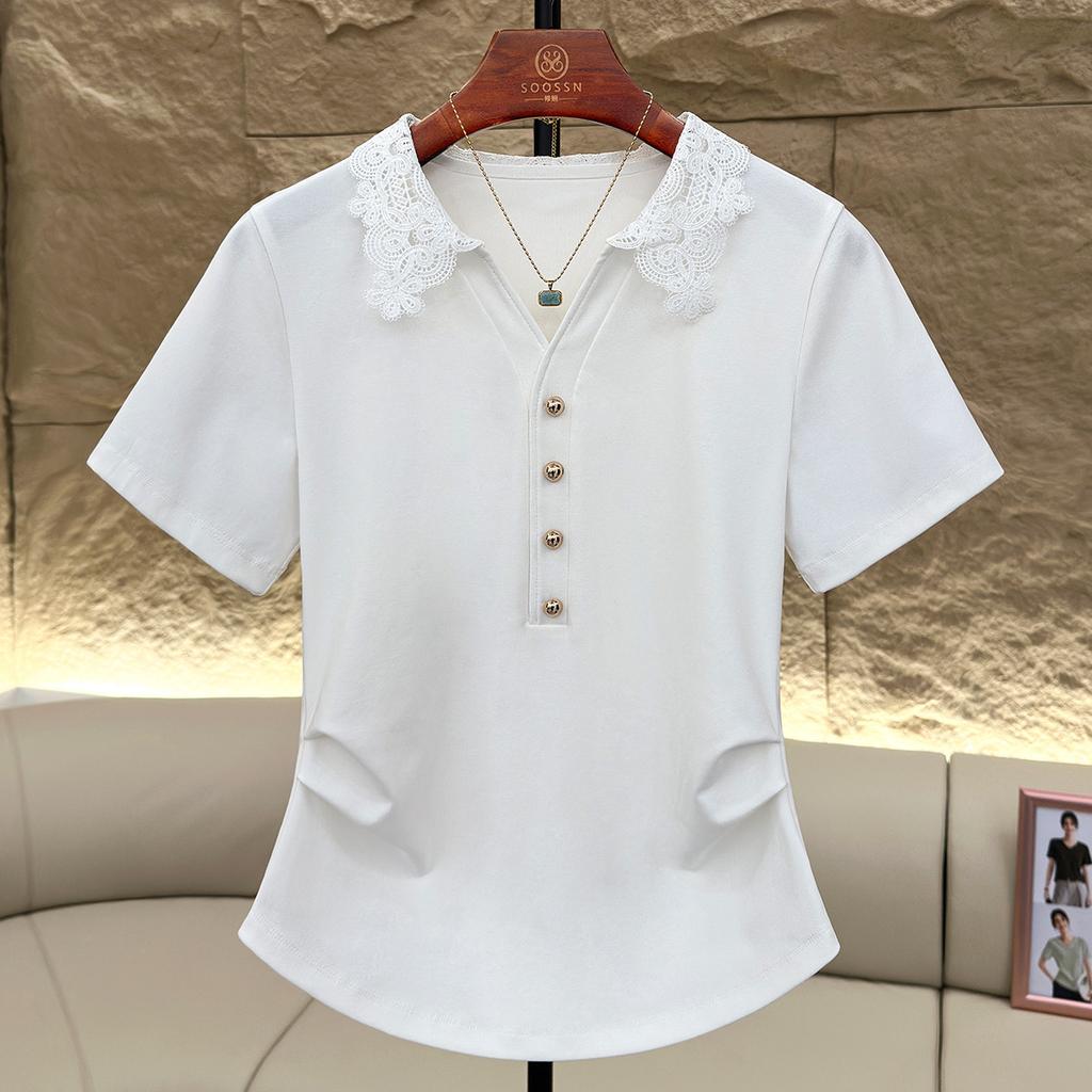 Women's Summer New Style All Matching Slimming Temperament High Grade Fashion V Neck Short Sleeved Lace Top