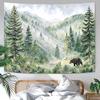 Mountain Forest Tapestry, Bear And Misty Foggy Watercolor Scenery Art Wall Hanging, Nature Scenery Tapestry For Bedroom Living