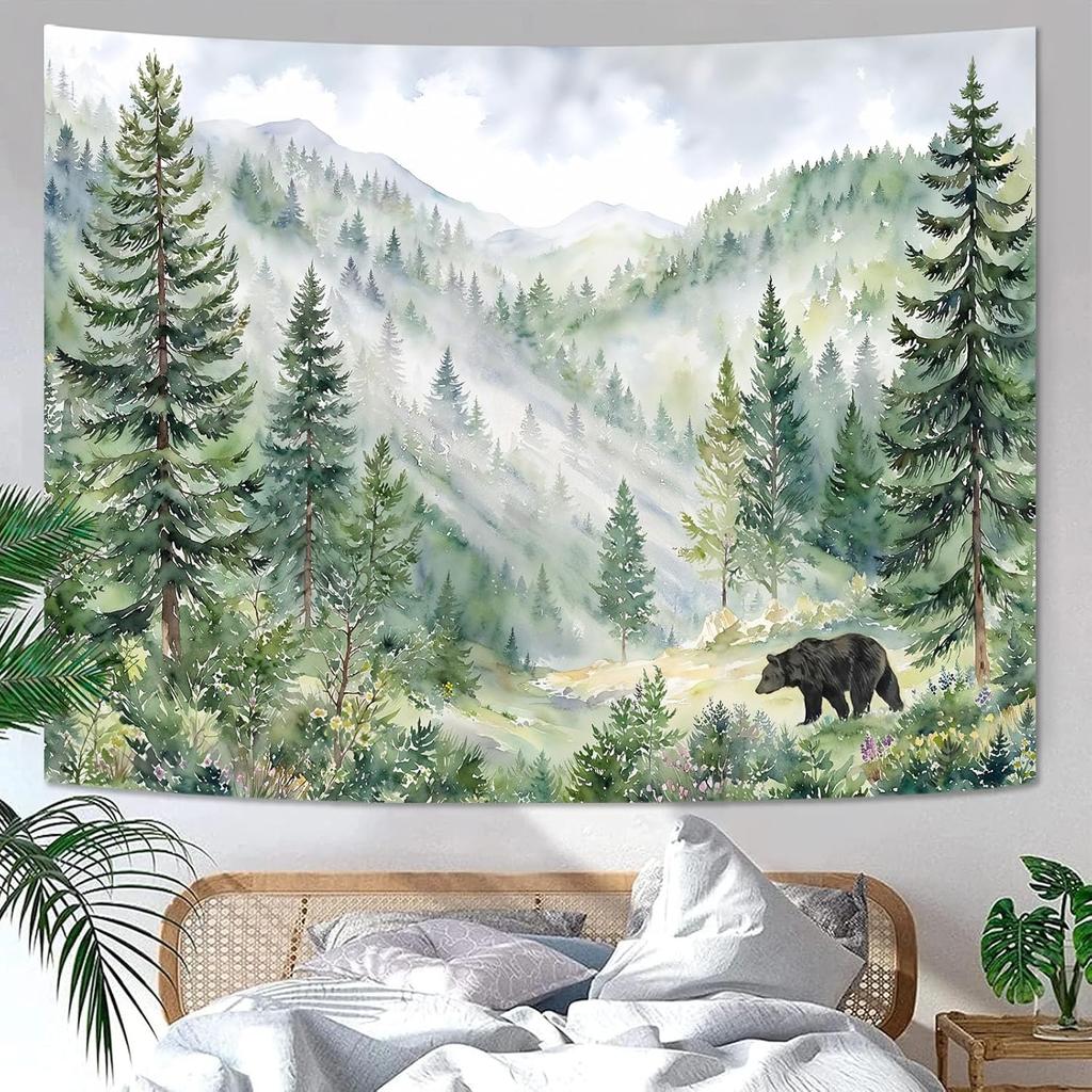 Mountain Forest Tapestry, Bear And Misty Foggy Watercolor Scenery Art Wall Hanging, Nature Scenery Tapestry For Bedroom Living