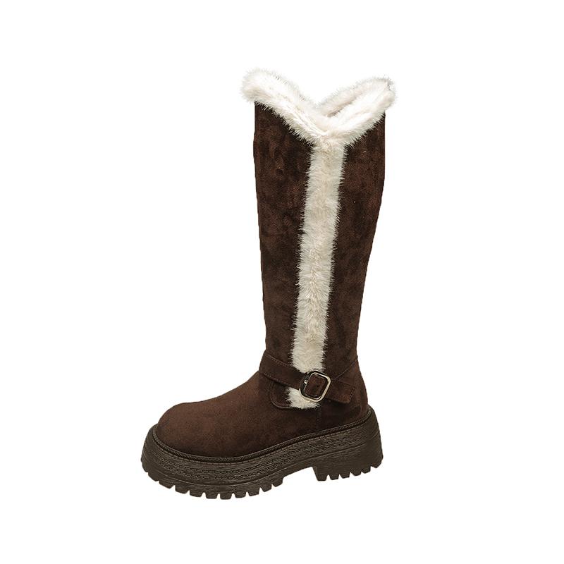 Fashion High Boots Winter New Round Toe Suede Metal Buckle Platform Non-slip Wear-resistant Block Heel Cotton Shoes