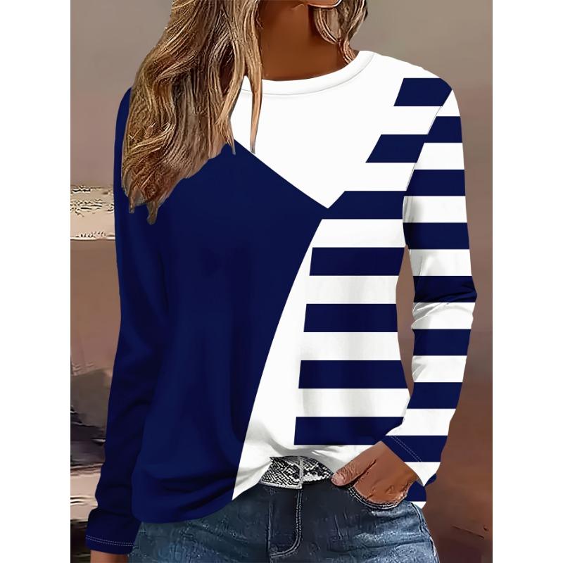 Women's 3D Striped Color Block Print T-shirt Fashionable Long Sleeve Round Neck Regular Top Holiday Weekend Spring and Autumn