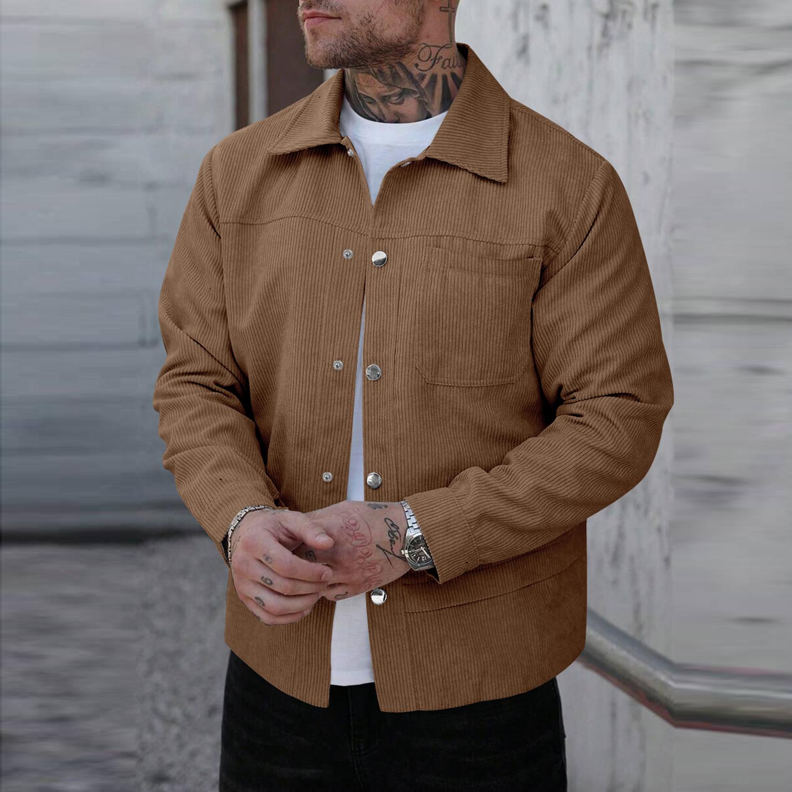 

Мужские вельветовые рубашки на пуговицах, повседневная куртка-шакет с длинным рукавом и накладными карманами L