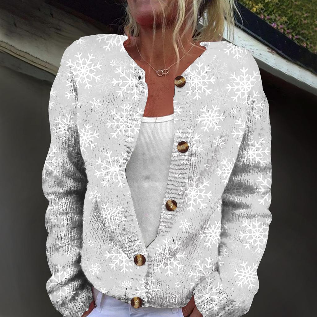Women's Fashion Christmas Print Long Sleeve Knitted Cardigan Button Jacket