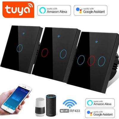 EU Standard Tuya Smart Life WIFI Wall Switch 1/2/3 Gang 1 Way 220V Glass Panel Touch Switch Voice Control Smart Switch Works With Alexa Google Home