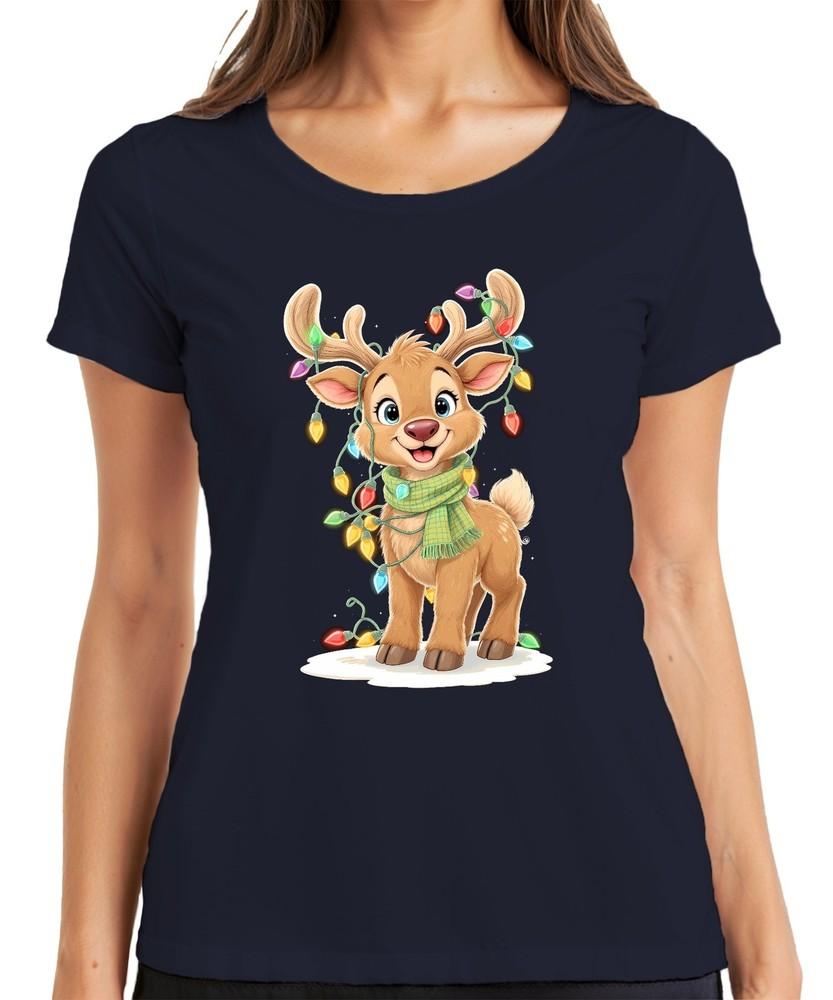 Christmas Reindeer Cute Kids Xmas String Lights Cartoon Ladies TShirt S