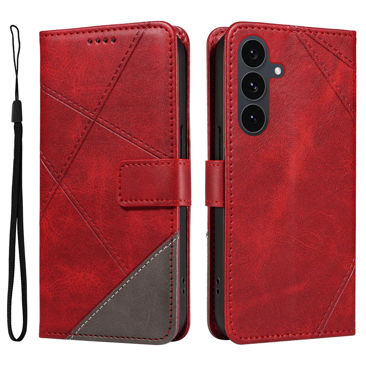 

For Samsung Galaxy S25 FE Leather Case Geometric Line Design Wallet Phone Cover with Wrist Strap Red