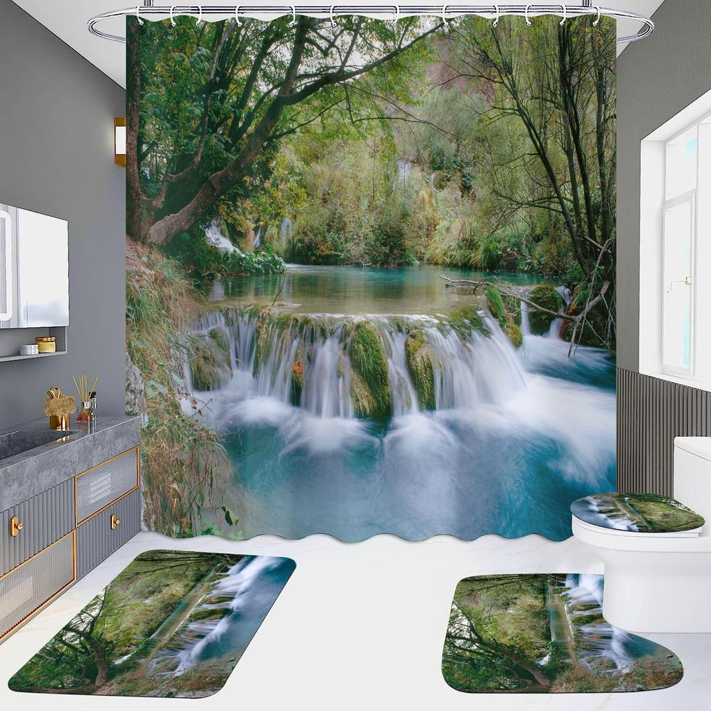 High Definition Digital Printing Shower Curtain Four-Piece Set Of Non-Punching Bathroom Bathroom Bathroom Partition Curtain Landscape