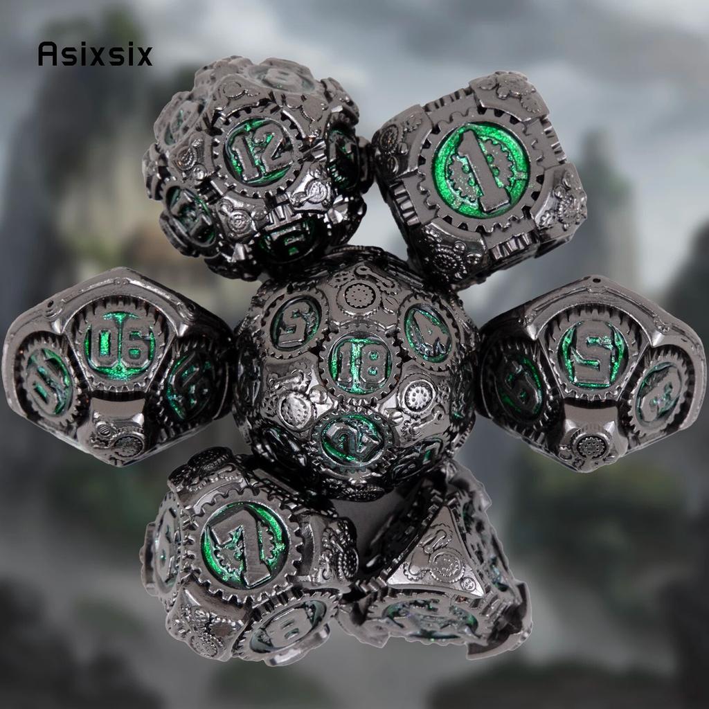 7 Pcs Green Black Gear Wheel Metal Dice Solid Metal Polyhedral Dice Set Suitable for Role-Playing RPG  Board Game Card Game
