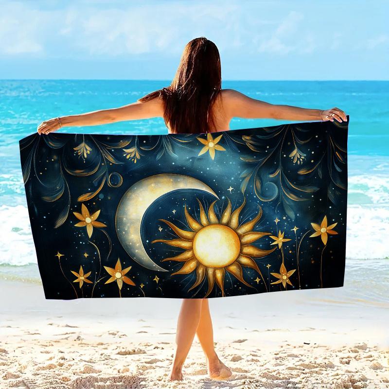 1 Stück Sonne Mond Sterne Strandtuch Himmlisches Muster Fantasie Design Schnelltrocknend Weiches Mikrofaser Badetuch Für Frauen Spirituelles Geschenk