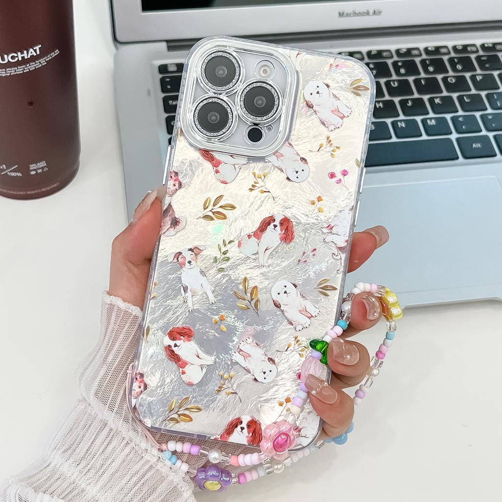For iPhone 16 Pro Max Case IMD Cartoon PC+TPU Back Cover with Glass Lens Film,Beaded Strap