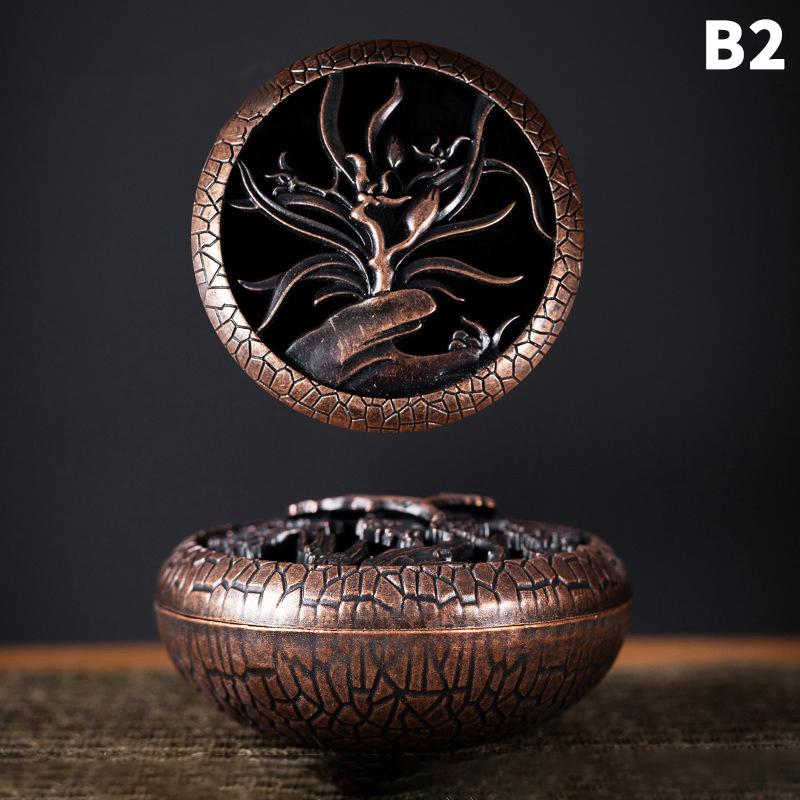 Brûleur d'encens antique avec couvercle creux, porte-bobine anti-moustiques en métal et bambou, orchidée prune, plaque de poêle à encens en bois de santal pour la maison