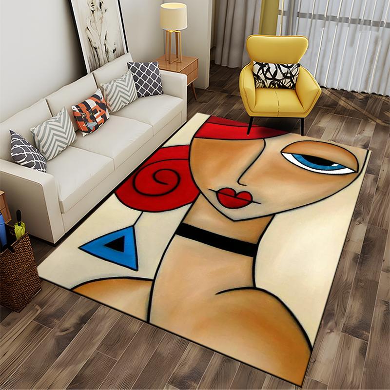 Abstract Portrait with Red Hair and Blue Triangle Earring Non-slip rug suitable for living room and bedroom sofas