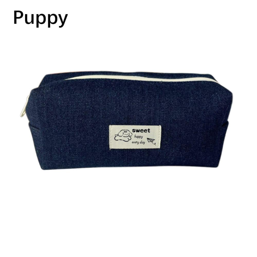 Large Capacity Stationery Bag Dark Blue Stationery Organizer Cute Denim Pencil Case  School Office Puppy