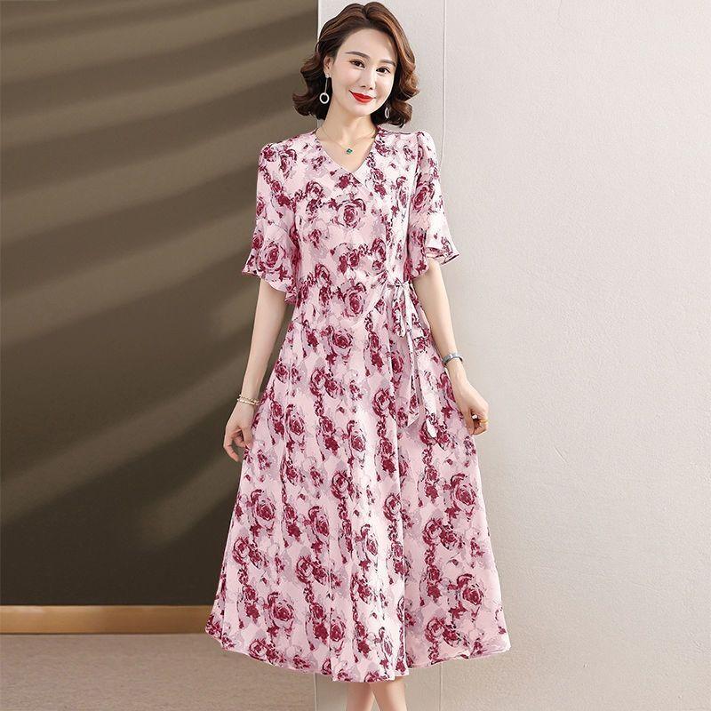 

Элегантные платья с V-образным вырезом, складками и кулиской, летнее платье с принтом роз, женское А-силуэта на талии, корейское асимметричное длинное платье 5XL розовый
