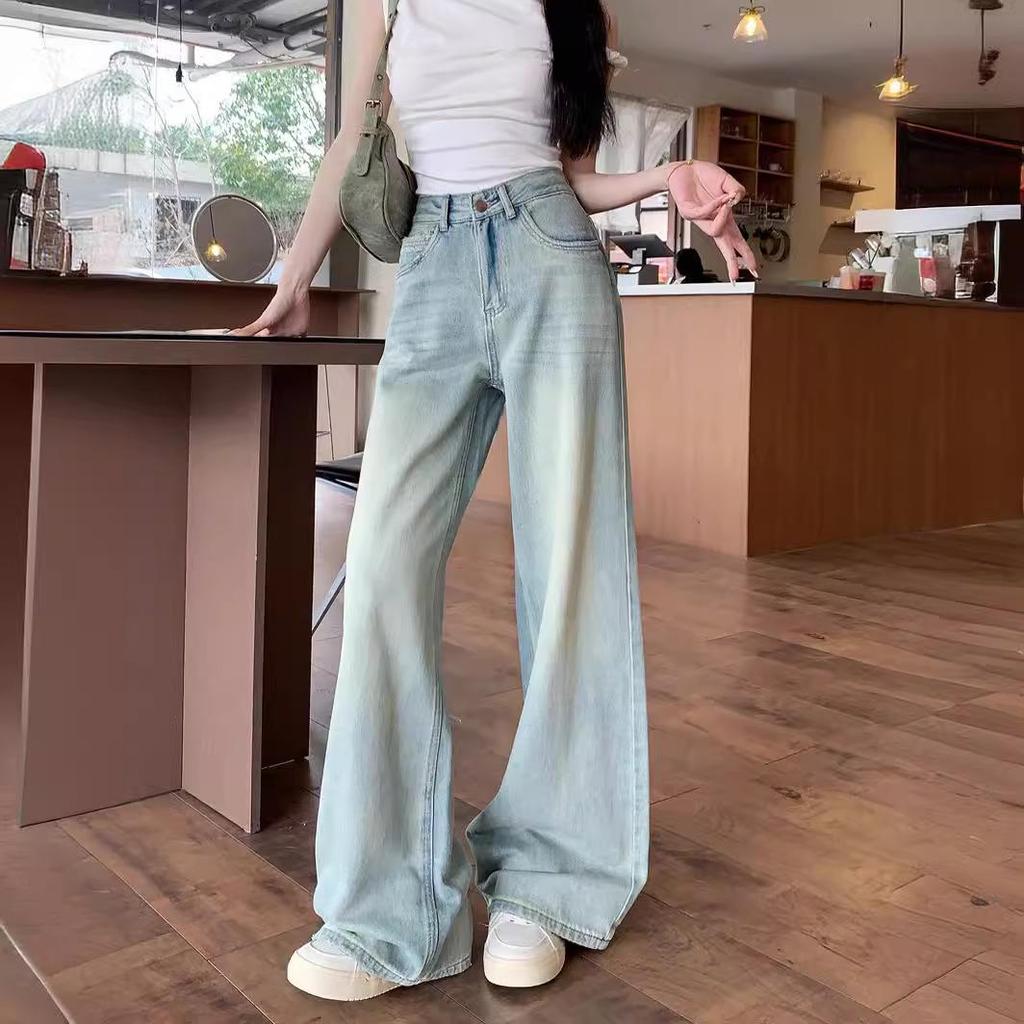 Women's Light Blue High-Waist Wide-Leg Jeans - Casual Summer Style with Versatile Drape