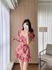 2025 French Retro Red Plaid Slimming One-Piece Swimsuit for Women