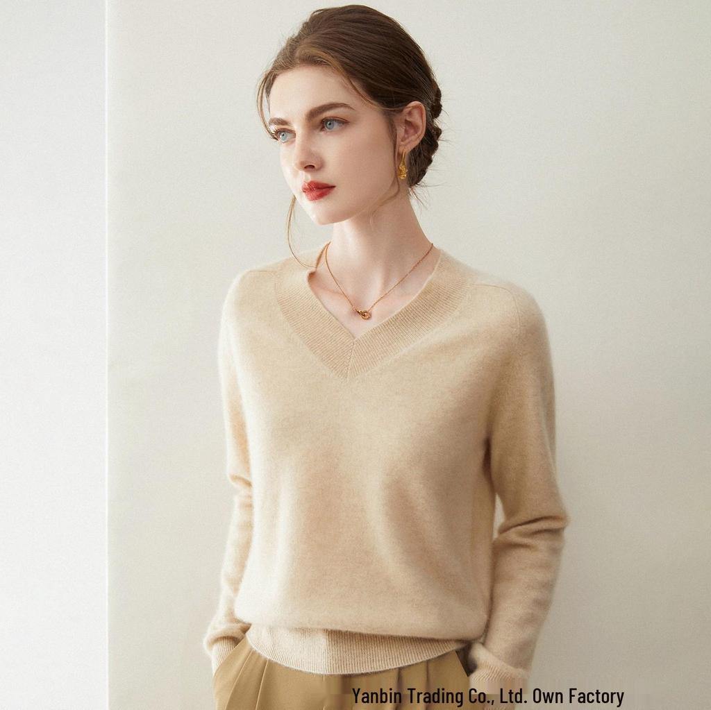 Women's 100% Pure Cashmere V-Neck Loose Knit Sweater - Autumn/Winter Short Pullover