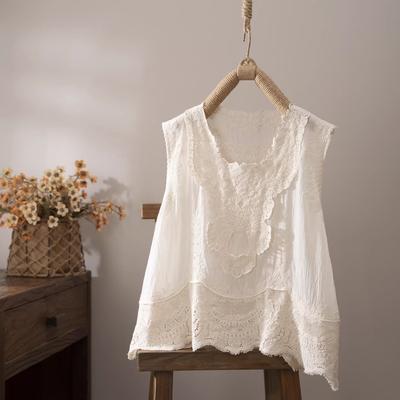 DIMANAF 2026 Vest T-Shirt Women Lace O-Neck Hollow Summer Style Basic Tops New Tees Loose Vest