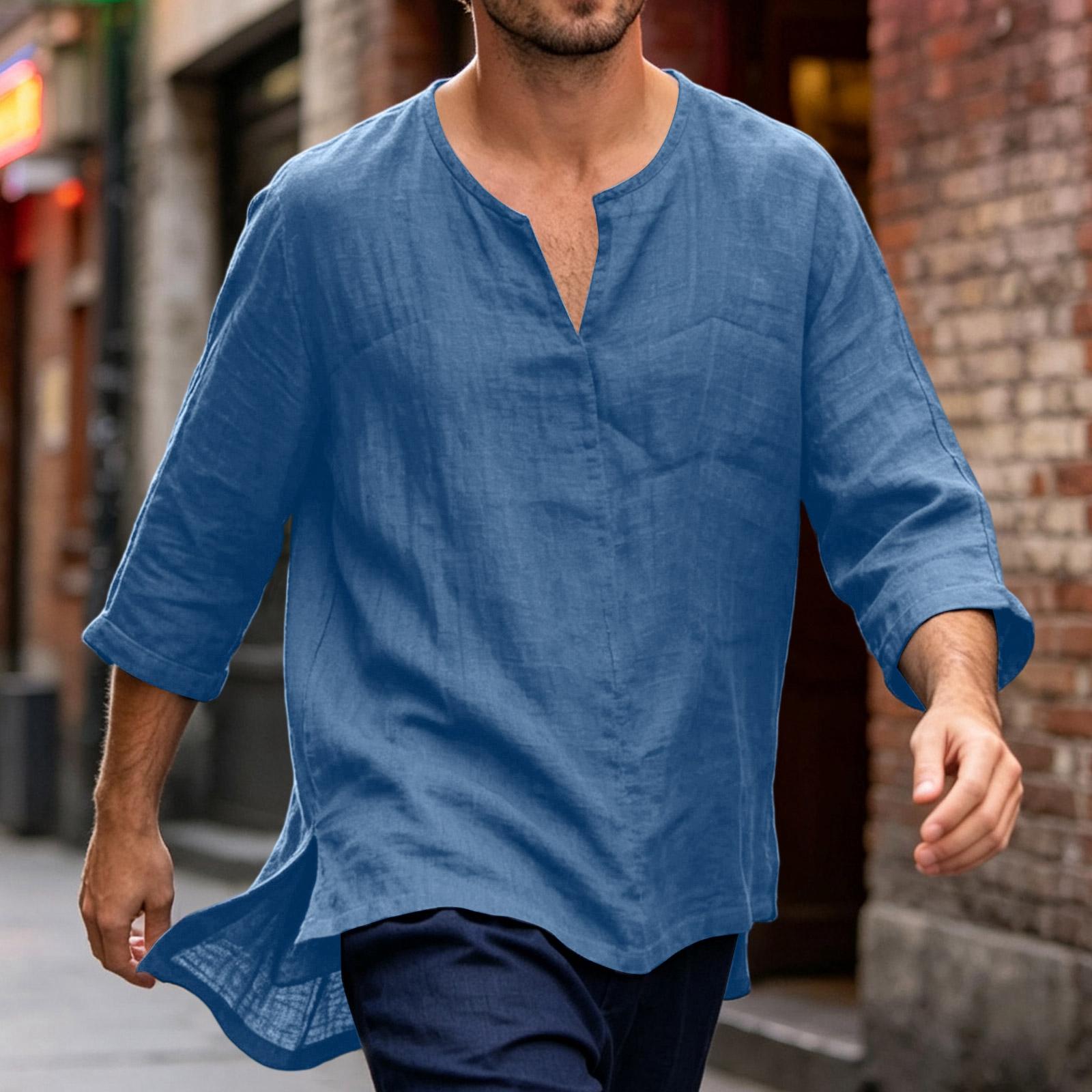 

Men s Casual Linen Cotton Blend Three Quarter Sleeve Shirt Loose Fit Lightweight Breathable Summer Top XXL