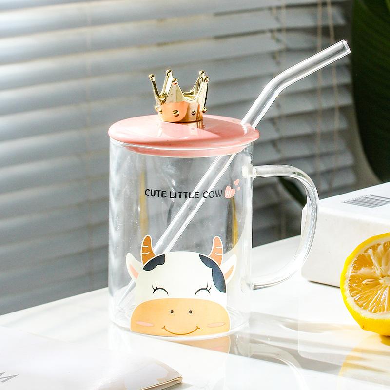 Keramiskt lock borosilikatglas sugrörskopp 500ML personlighet söt drickskopp stor kapacitet mugg med lock