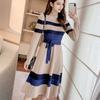 Koreańska moda Elegancki sweter z dzianiny Casual Dress Długi rękaw Lace-Up High End Stretch Knit Vintage Stripe Sukienki
