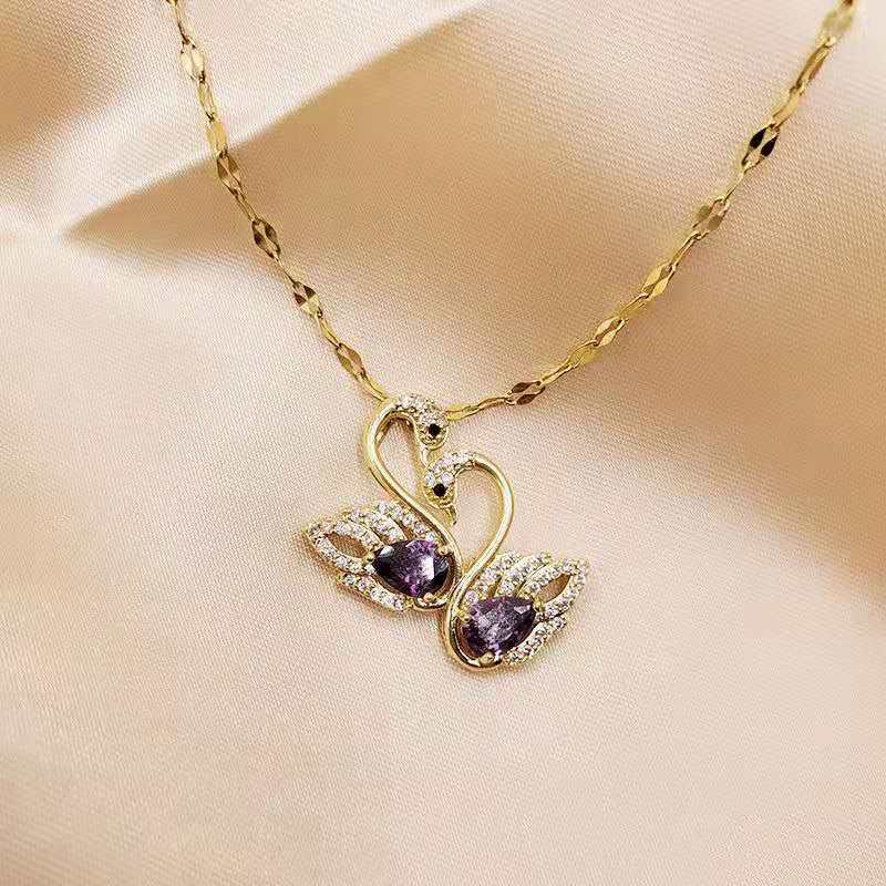 Double Swan Necklace Female Titanium Steel Amethyst